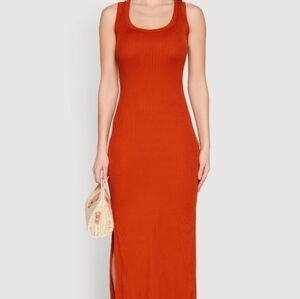 Pretty Ribbed Knit Sleeveless Tank Side Slits Maxi Dress Rust